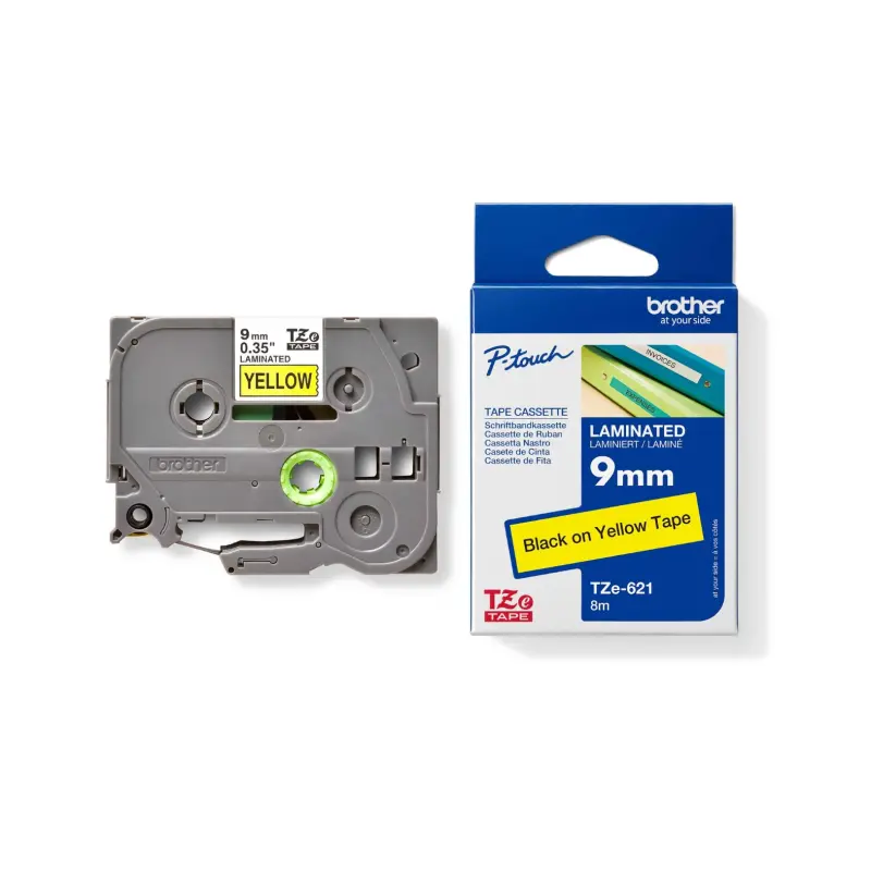 Brother TZe-621 Laminated Label Tape (Black on Yellow – 9mm x 8m)