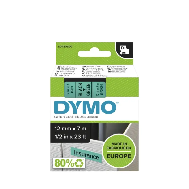 Dymo Tape 12mm x 7m Black on Green