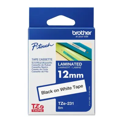 BROTHER 12MM BLACK ON WHITE TAPE TZE-231